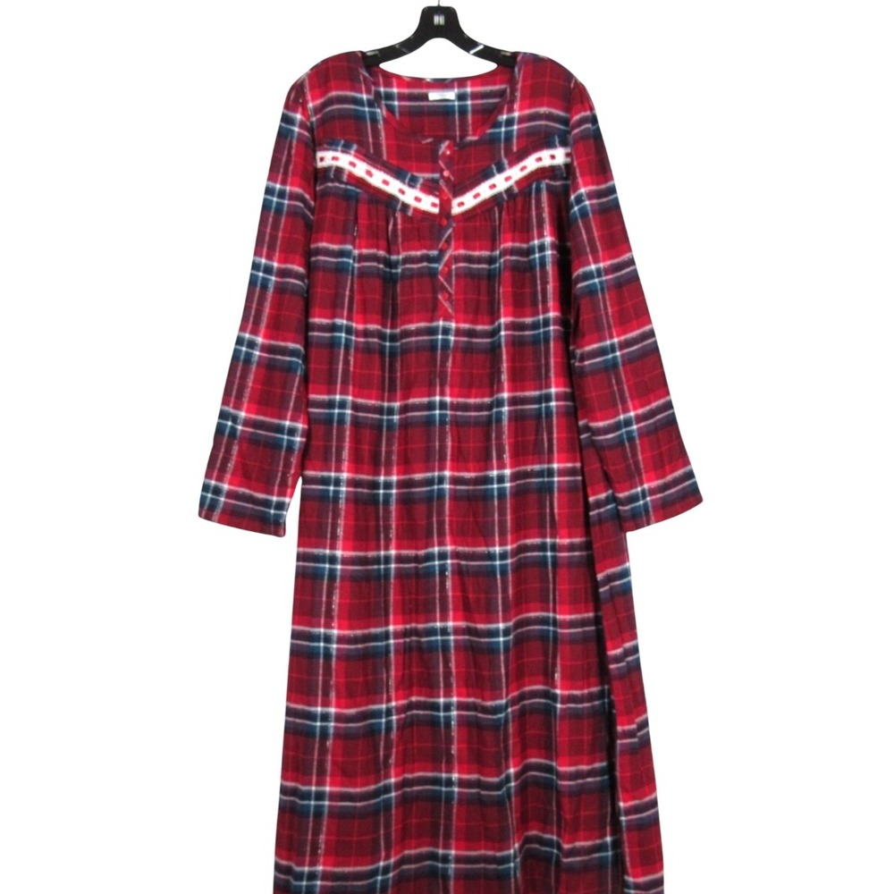 CROFT & BARROW INTIMATES Red FLANNEL 1/4 Button LACE TRIM Lounge NIGHTGOWN Sz L